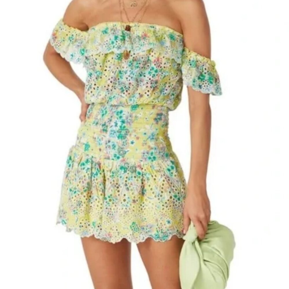 Ramy Brook McKenna Off Shoulder Floral Print Eyelet Ruffle Mini Dress Yellow XL